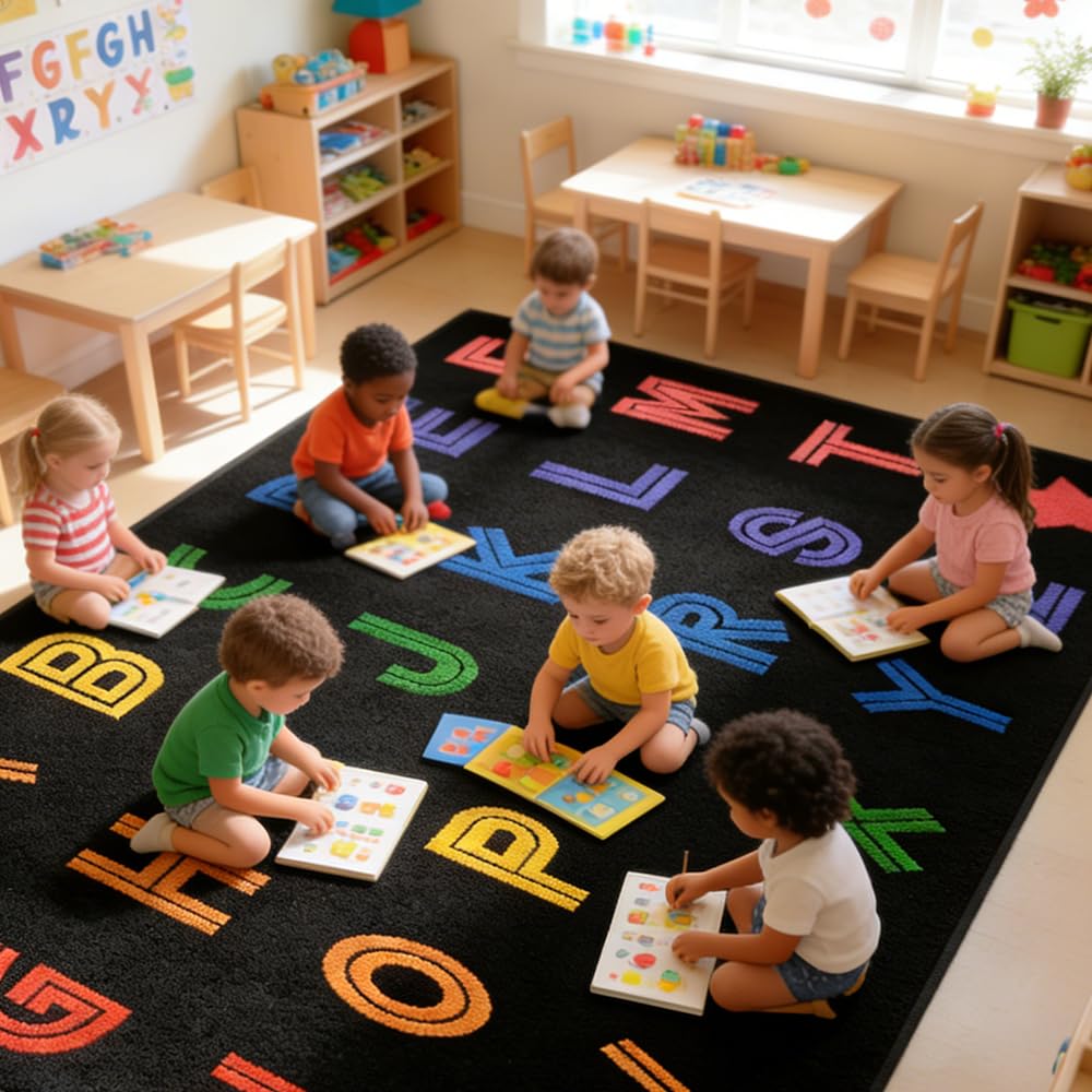 MAISONRINA Large Classroom Rugs Elementary 13'x7'7'', Black Alphabet Rug Classroom Carpet for Kids, Circle Time Carpet Educational Rugs for Daycare Preschool Kindergarten Playroom, Seats 28