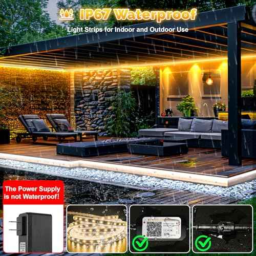 65.6FT Outdoor LED Strip Lights Waterproof IP67, Dimmable 3000K-6500K Warm White LED Rope Lights Outdoor Waterproof with Remote & APP, 24v Adhesive Exterior Lighting for Patio, Deck, Gazebo