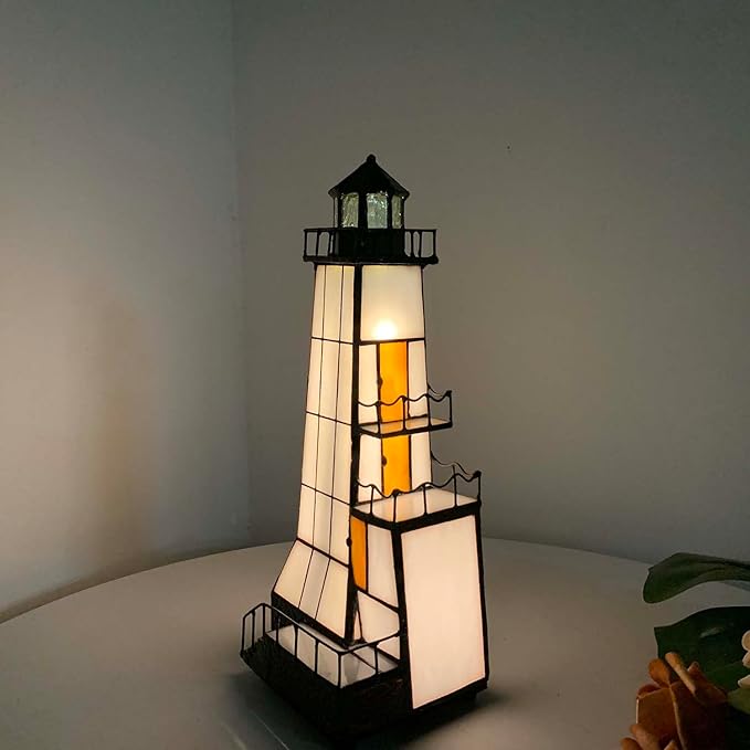Bieye L10779 Lighthouse Tiffany Style Stained Glass Accent Table Lamp Night Light with Lookout Platform for Home Decoration (4x6x11, Brown)