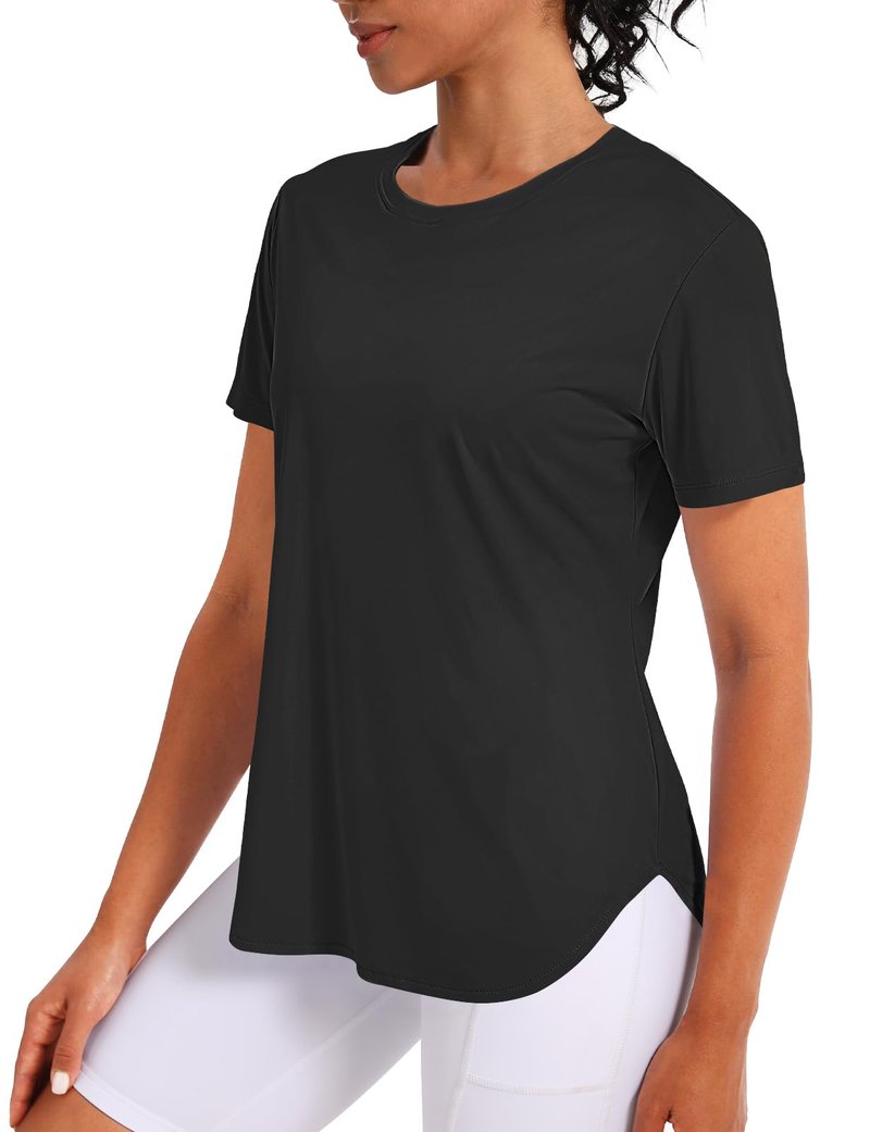 CHALLMOTI Workout Tops for Women Running Shirts Short Sleeve Sun Protection Athletic T-Shirts Quick Dry UPF 50+ Black L