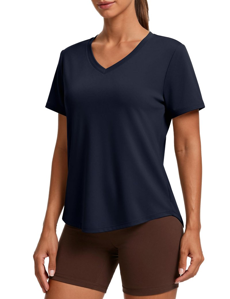PINSPARK Athletic Tops for Women Short Sleeve V Neck Workout Shirts Moisture Wicking Quick Dry Running Gym T-Shirts Lightweight,Dark Navy Medium