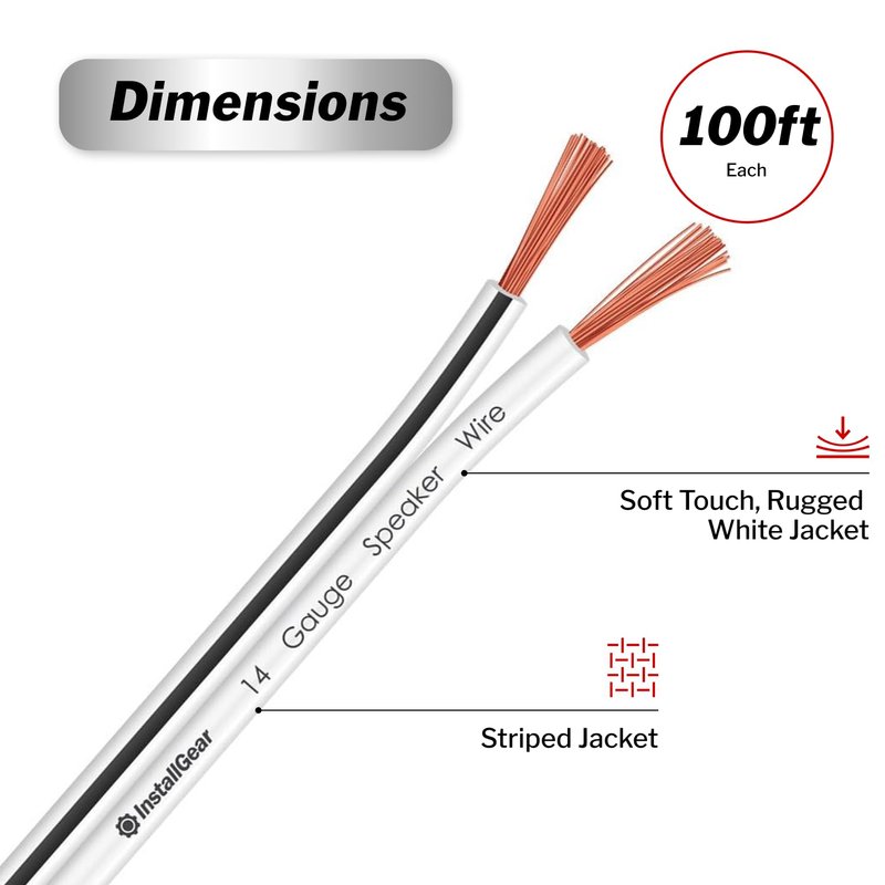 InstallGear Speaker Cable - 14 Gauge AWG (100ft - White) - White Speakers Wire Cable - Speaker Wire for Outdoor, Automotive, and Marine