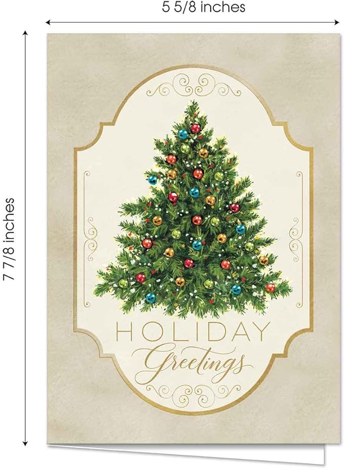 Masterpiece Nostalgic Christmas Tree Cards / 16 Boxed Holiday Card Set With Coordinating Red Envelopes / 5 5/8" x 7 7/8" Folded Greeting Cards With Inside Verse