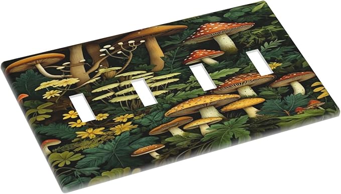 Mushrooms Forest Nature Botanical Art Light Switch Covers Quad Toggle 4 Gang Wall Plate Decorative Switchplate Electrical Faceplate for Farmhouse Living Decor