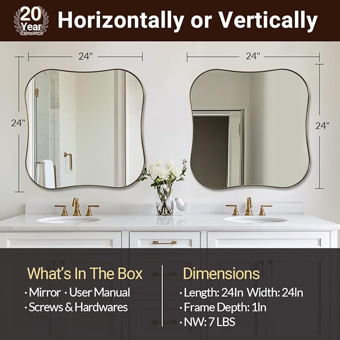 ANDY STAR 24"x24" Brushed Brass Square Mirror, Gold Scalloped Mirror with Unique Notched Edges Design in 1 Inch Stainless Steel Metal Frame for Home Bathroom Wall Mounted
