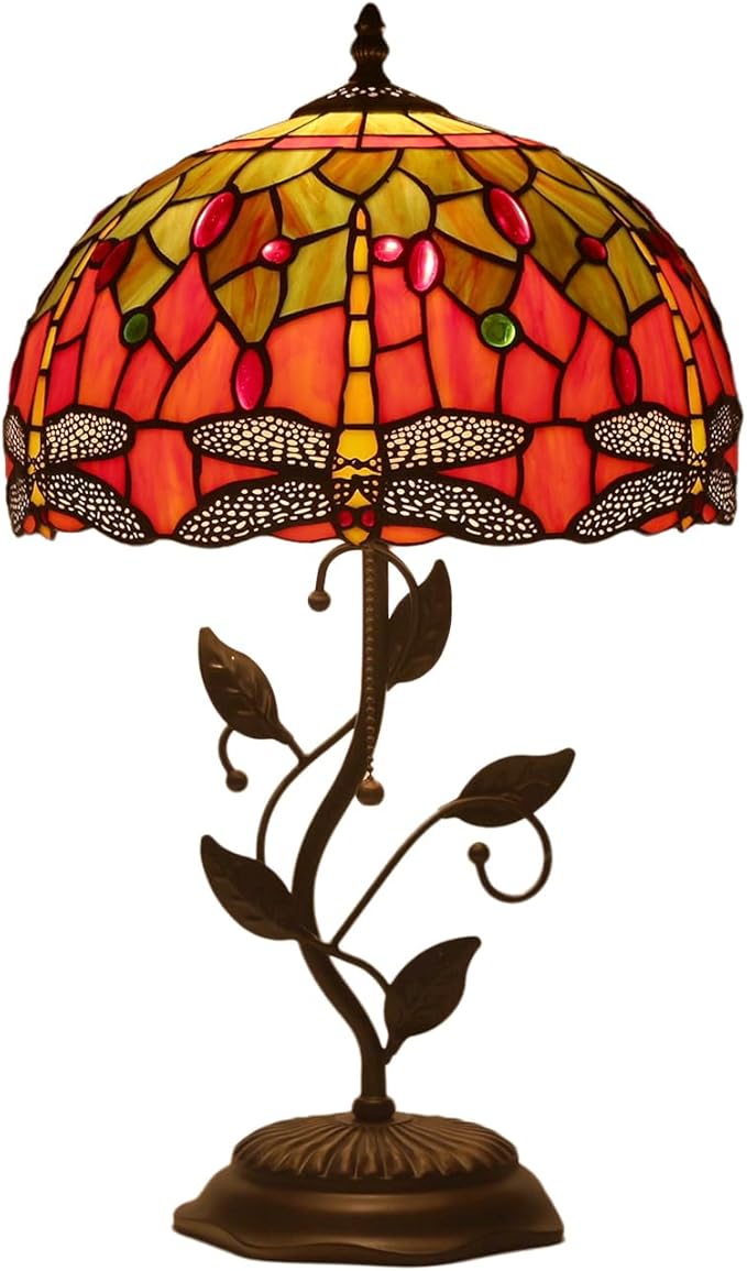 Tiffany Style Table Lamp Handmade Stained Glass Bedside Lamp 12x12x20 inch Metal Leaf Base,Art Glass Lamp for Living Room, Bedroom, Office Decor(Yellow Dragonfly)