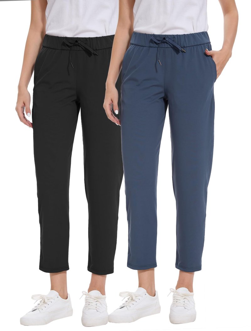 Orrstarry 2 Pack Women's Golf Pants with Deep Pockets Stretch 7/8 Ankle Sweatpants for Athletic, Work, Travel, Lounge Black/Navy Blue L