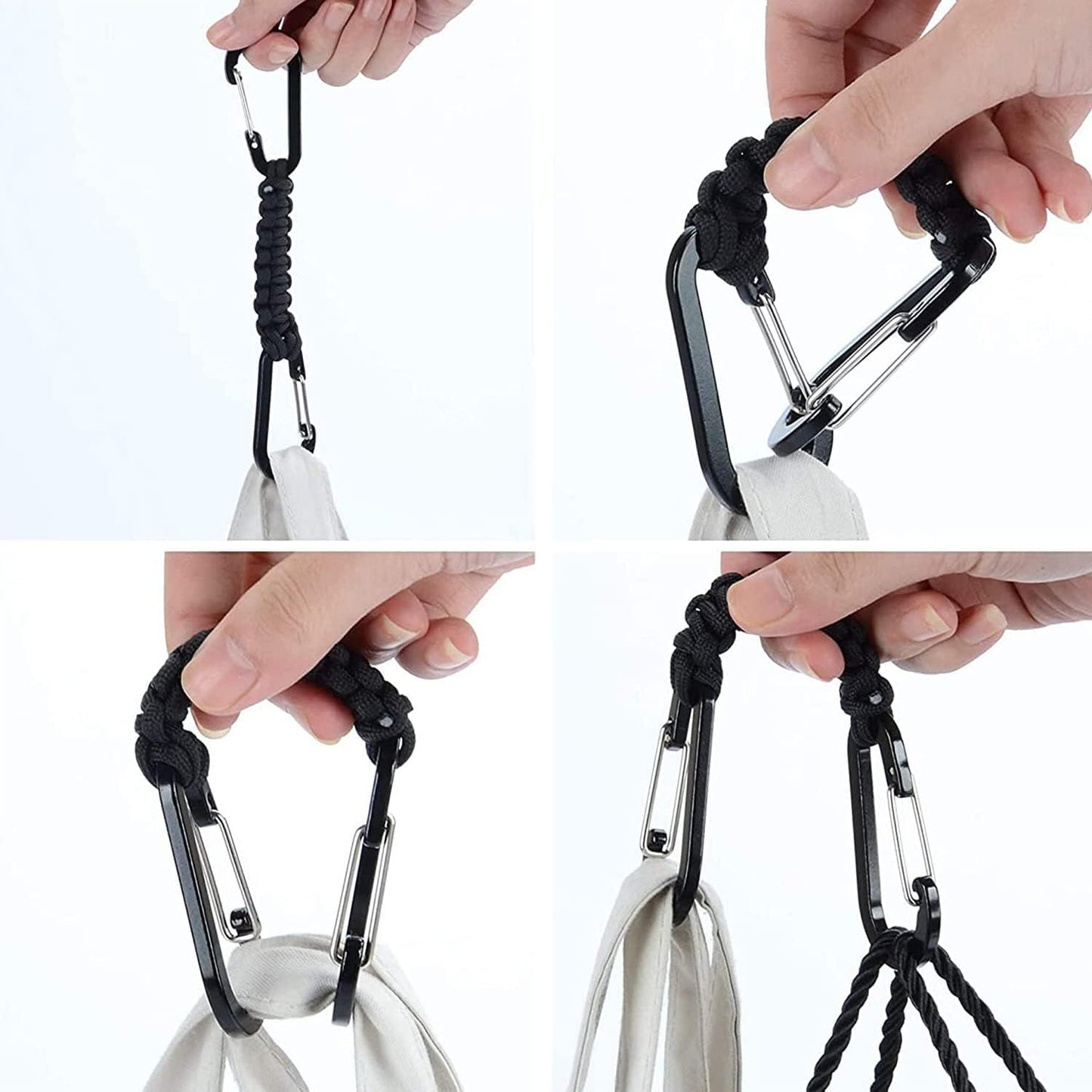 BRAVESHINE Carabiner Keychain Hook with Paracord Strap - 1 Black 1 Blue D Ring Key Clips Para Cord Lanyard Hanger Stroller Hooks for Water Bottle, Belt Loop Keys, Backpacks, Boys, Girls, Men, Women