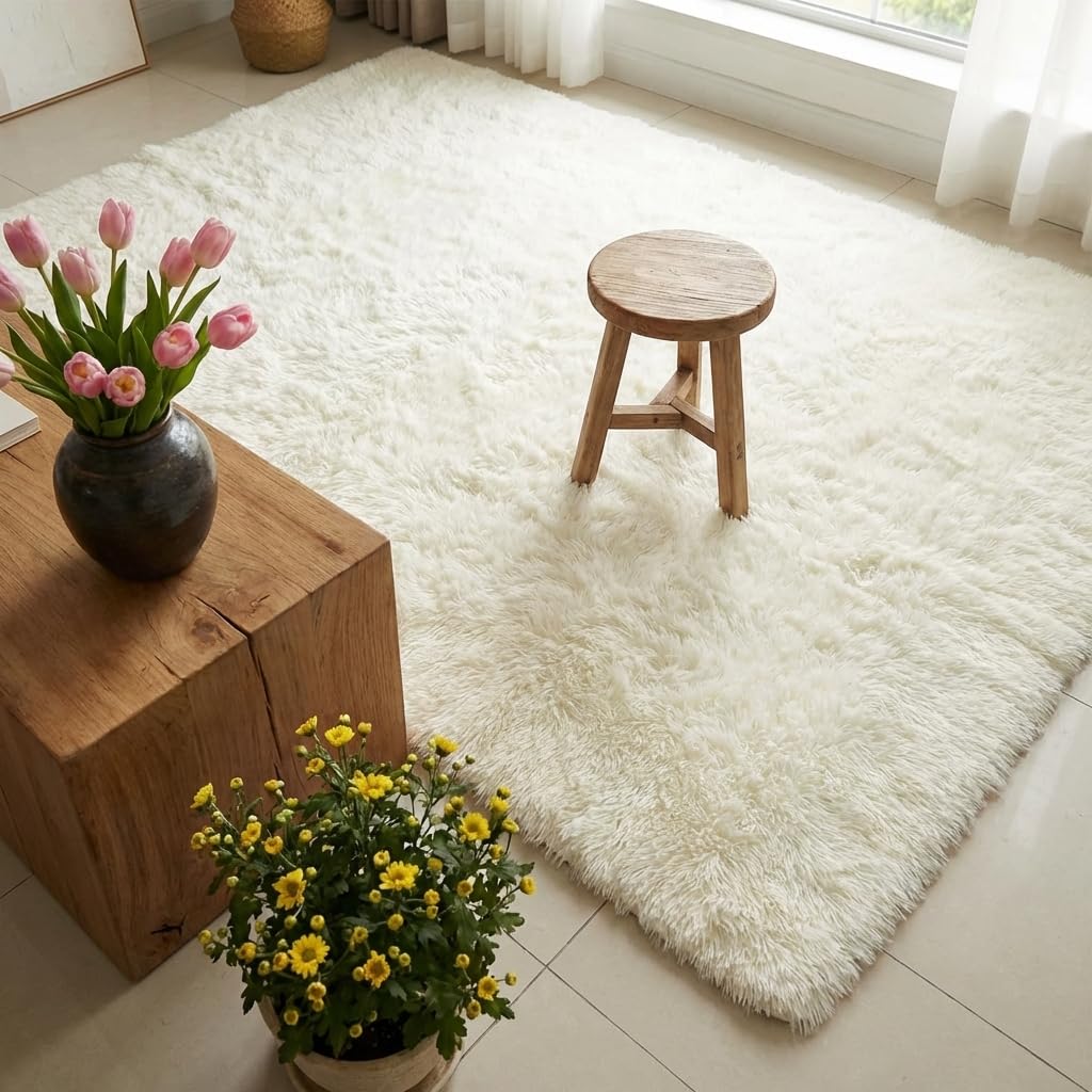 Mugorn 5x7 Rugs for Living Room, Large Fluffy Cream White Area Rugs for Bedroom, Soft Carpet Shag Kids Rug with 4 Non-Slip Rug Pads (5ft x 7ft, Cream White)