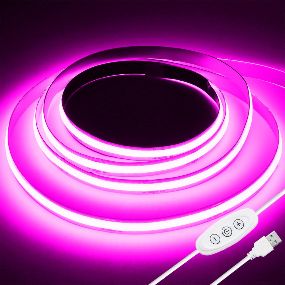 Smacen USB Powered COB Led Strip Lights, 6.56Ft Battery Operated Pink LED Strip Lights, High Brightness Flexible LED Tape Lights for Room, Cabinet, Bedroom, Kitchen, Party, Home DIY Indoor Deco