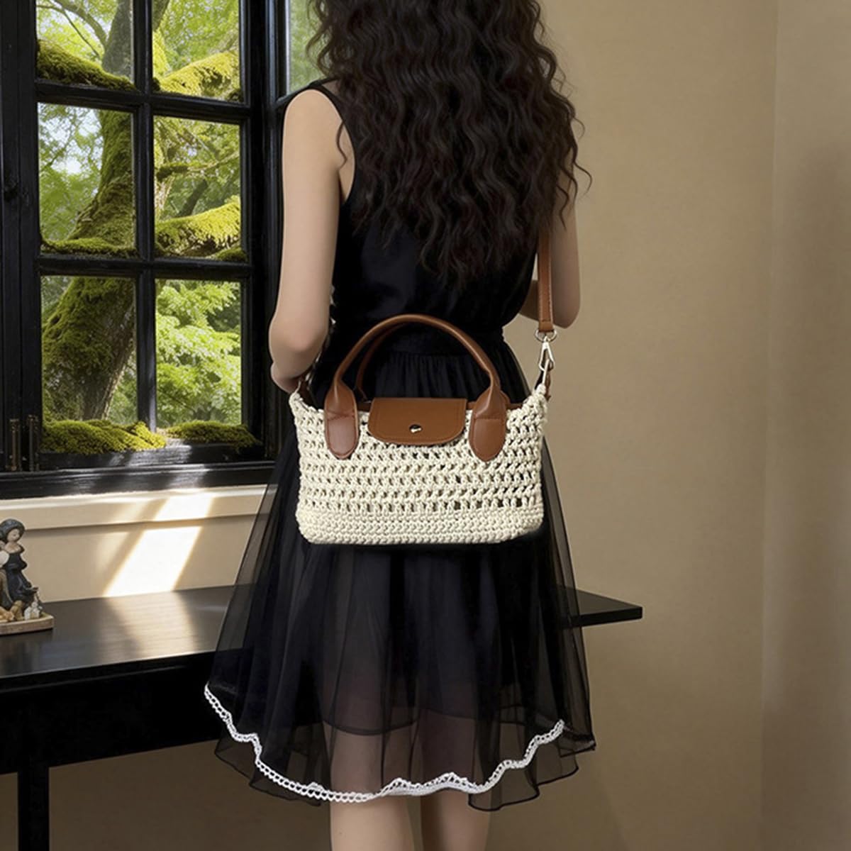Crochet Crossbody Bags for Women Summer Beach Handbag Small Woven Tote Purse with Leather Top Handle White