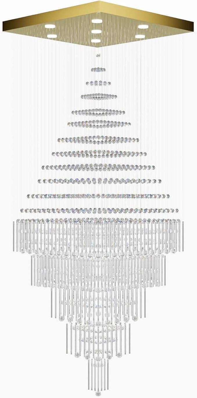 D40''X H80'' Extra Large Chandeliers for High Ceilings Crystal Raindrop Gold Chandeliers Large Villa Chandelier Entrance Foyer Square Ceiling Light LED Dimmable 2700K-6000K 16 led bulbs include