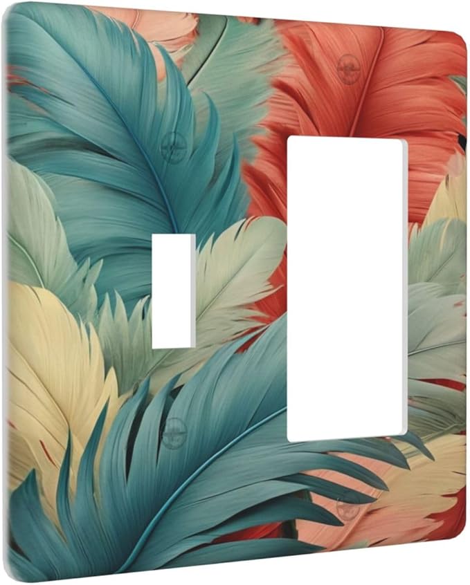 Colorful Feathers, Illustration, Abstract, Botanical, Pattern, Blue Feathers, Red Feathers, Pastel Colors, 2 Gang 1-GFCI 1-Toggle Comb/4.5 x 4.5 IN, PPZCXWP0703