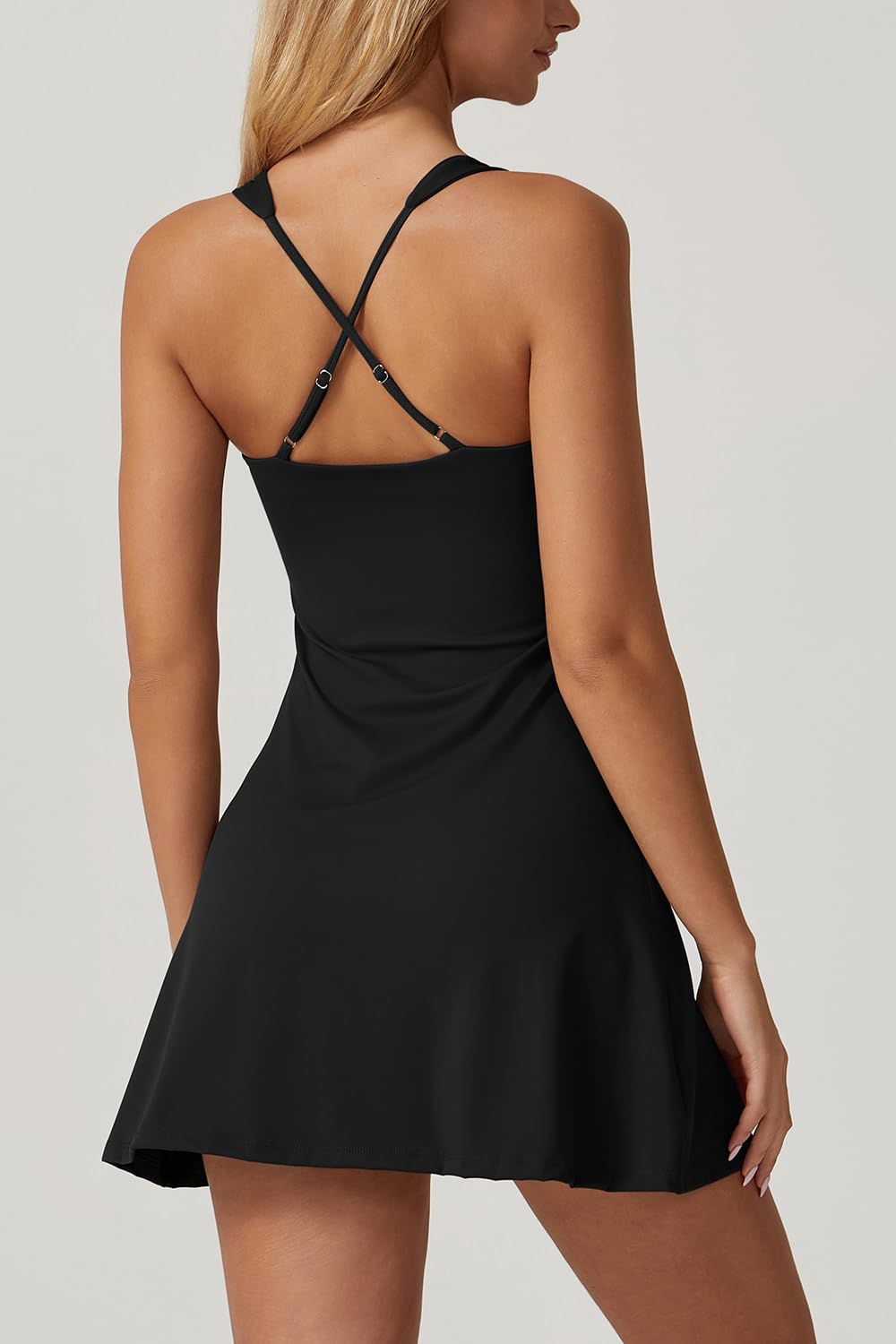 QINSEN Tennis Dress for Women Square Neck Cross Back Flare Active Workout Dress Built in Shorts Black M