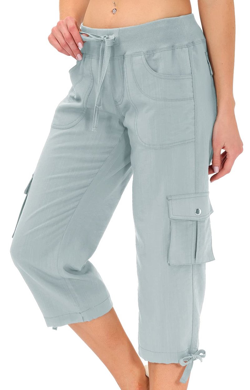 MoFiz Womens Capris with Pockets Loose Fit Casual Capri Pants Dressy Lightweight Ladies Baggy Cargo Pants for Hiking Light Gray XL