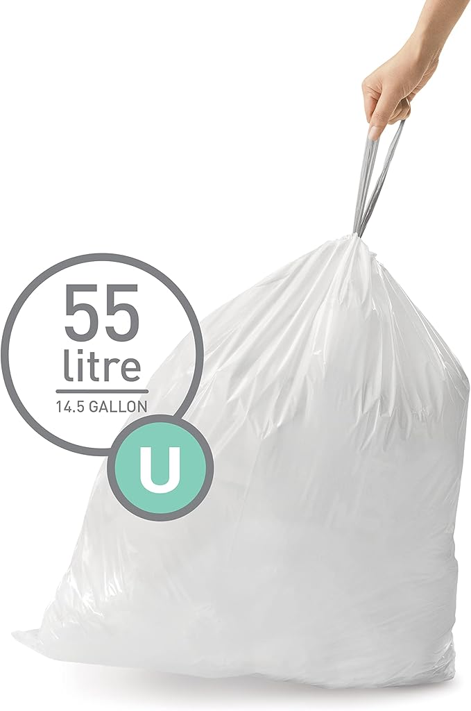 simplehuman Code U 60 Count, Dispenser Pack Custom Fit Liners, Drawstring Trash