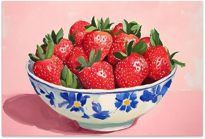 Yesad Strawberry Wall Art Print, Pink Kitchen Wall Décor Fruits Prints Canvas Wall Art Vintage Painting Pictures Modern Wall Décor for Living Room Dining Room Bedroom (Unframed,36”x24”, Strawberry)
