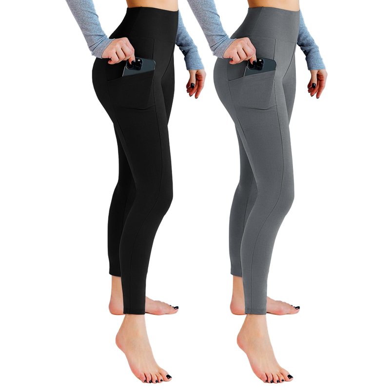 Leafigure 2 Pack Leggings with Pockets for Women, High Waisted Soft Leggings for Yoga Gym Black/Grey XXL