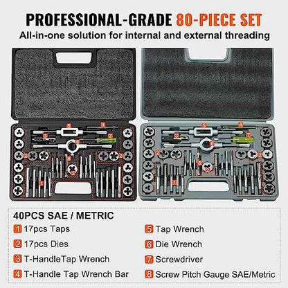 VEVOR Tap and Die Set, 80-Piece Metric and SAE Standard, Bearing Steel Taps and Dies, Essential Threading Tool for Cutting External Internal Threads, with Complete Accessories and Storage Case