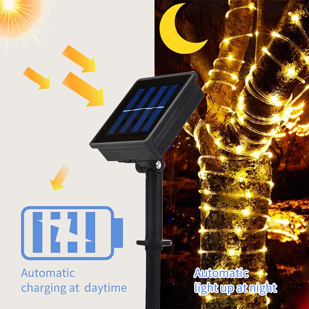Honche Solar Rope Light 33FT 100LED IP65 Waterproof Outdoor LED Copper Fairy String Tube Lights for Party Gazebo Garden Patio Stair Balcony Fence Tree Daily Christmas Decoration (Solar-Warm White)