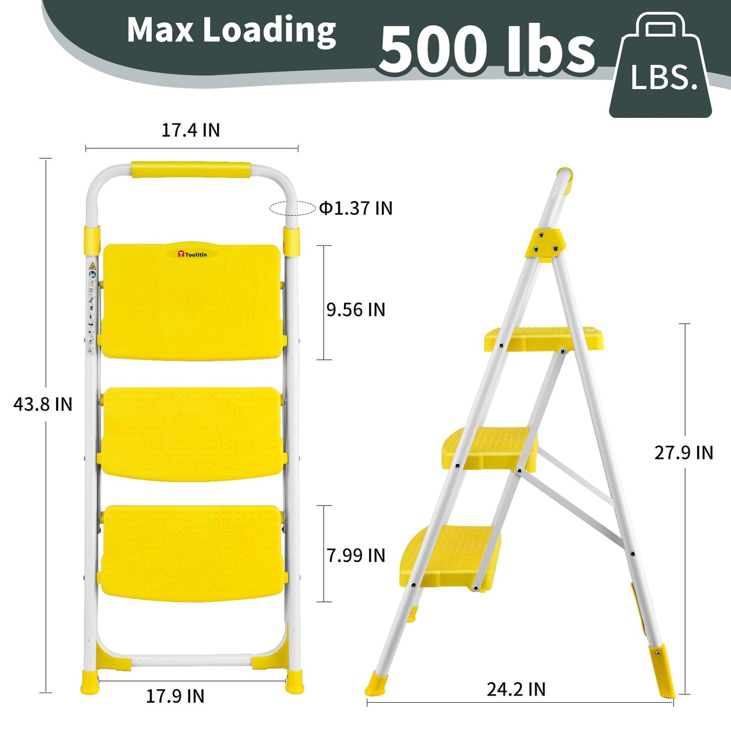 TOOLITIN 3 Step Ladder, Folding Step Stool with Wide Anti-Slip Pedal, 500lbs Sturdy Steel Ladder, Convenient Handgrip, Lightweight, Portable Steel Step Stool for Household, Kitchen, Office, Yellow