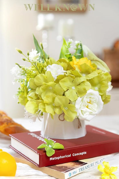 WELL KNOWN Small Fake Flowers in Plastic Vase 7" Centerpieces Coffee Table Decor, Green White Silk Flower Arrangements for Home Decor Indoor Artificial Flower Bouquet for Dining Room Kitchen Wedding