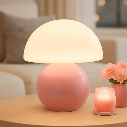 Small Mushroom Lamp,USB-Plug in Bedside Table Lamps with 3-Temperature LED Bulb Dimmable,Unique Cute Aesthetic Home Decor for Living Room,Bedroom, Modern Ceramic Base Glass Lamp(Pink)