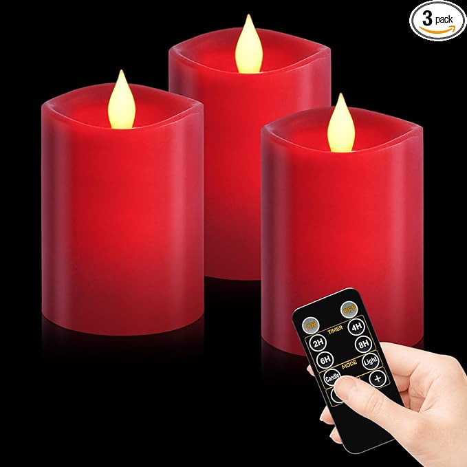 3-Pack 3x4 inch Flameless Candles: Realistic Flameless LED, Battery-Powered Pillar Candles with Remote & Timer, Fake Candles for Fall Decor, (Red, 3"*4"-3pcs)