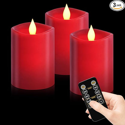 3-Pack 3x4 inch Flameless Candles: Realistic Flameless LED, Battery-Powered Pillar Candles with Remote & Timer, Fake Candles for Fall Decor, (Red, 3"*4"-3pcs)