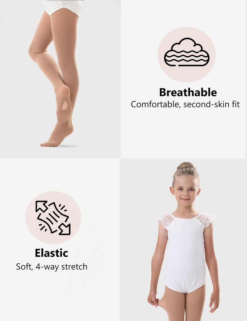 DUCMODA 1 Pair Girls’ Convertible Ballet Tights, Ultra-Soft Transition Dance Stockings for Kids, Students,Light Suntan,4-5 years
