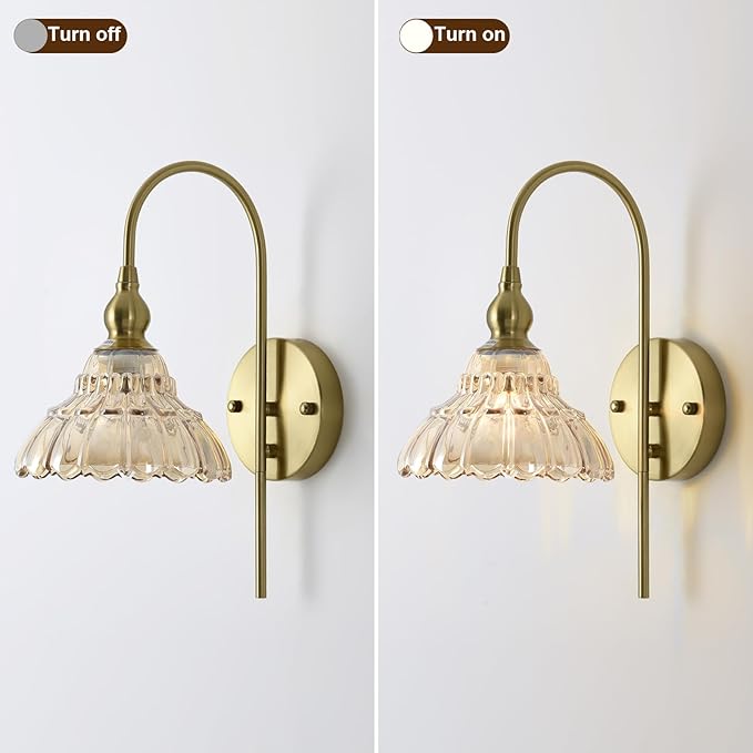 Vintage Wall Sconces with Amber Flower Glass Lampshade, Indoor Bath-Room Wall Sconce, Modern Gold Industrial Lighting Fixture for Mirror Living Room Hallway 2 Pack
