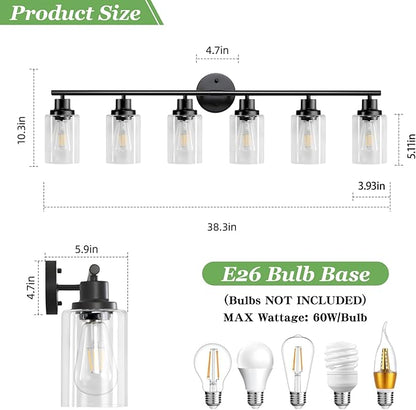 6-Light E26 Black Bathroom Vanity Lights, Modern Bathroom Light Fixtures with Clear Glass Shade, Wall Lamps for Mirror Hallway Kitchen Cabinet Living Room Sconces Lights