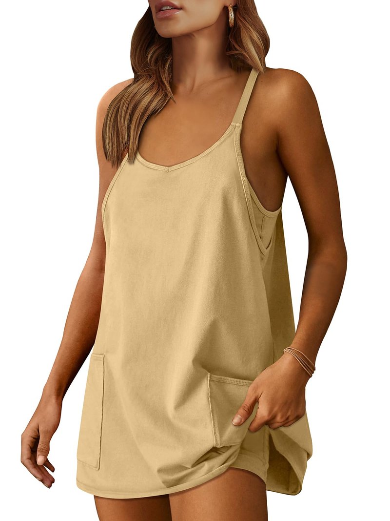 ANRABESS Women Athletic Dress Summer Tennis Workout Active Sports Mini Romper Dress Built in Shorts Travel Vacation Clothes Light Yellow X-Smal