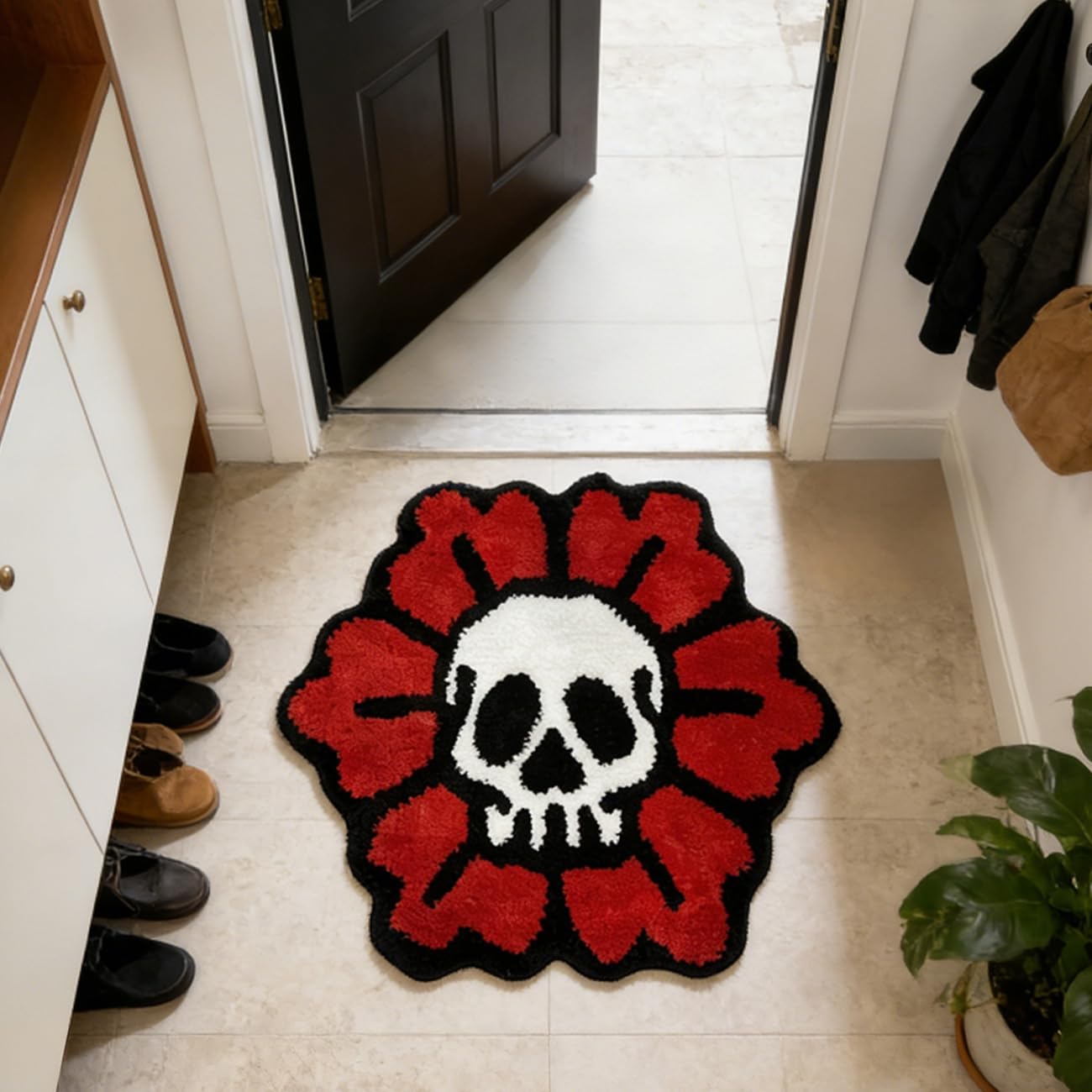 PRELETOCH Trippy Skull Rug Cool Bathroom Rugs Gothic Red Flower Tufted Extra Soft Water Absorbent Quick Dry Bathroom Mat Non Slip Bath Mat Halloween Horror Goth Decor Carpet, 2.6 x 2.6FT