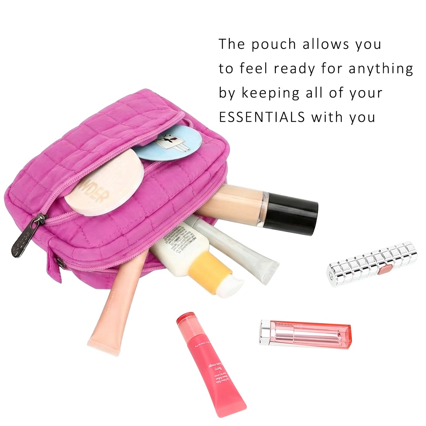 E-Tree Makeup Bag, Quilted Cosmetic Bag for Women, Puffer Make up Pouch for Purse,Travel Toiletry Organizer Case (Pink)