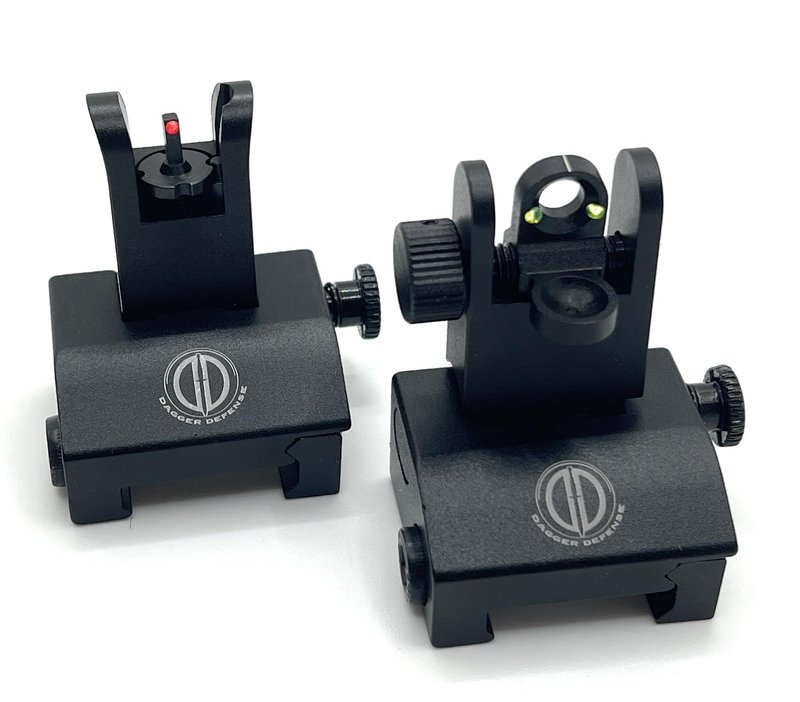 Dagger Defense (Veteran Owned Company) Fiber Optic BUIS Backup Iron Sights for use on Standard Picatinny Rails. Spring Loaded. Use with red dots and Reflex Sights.