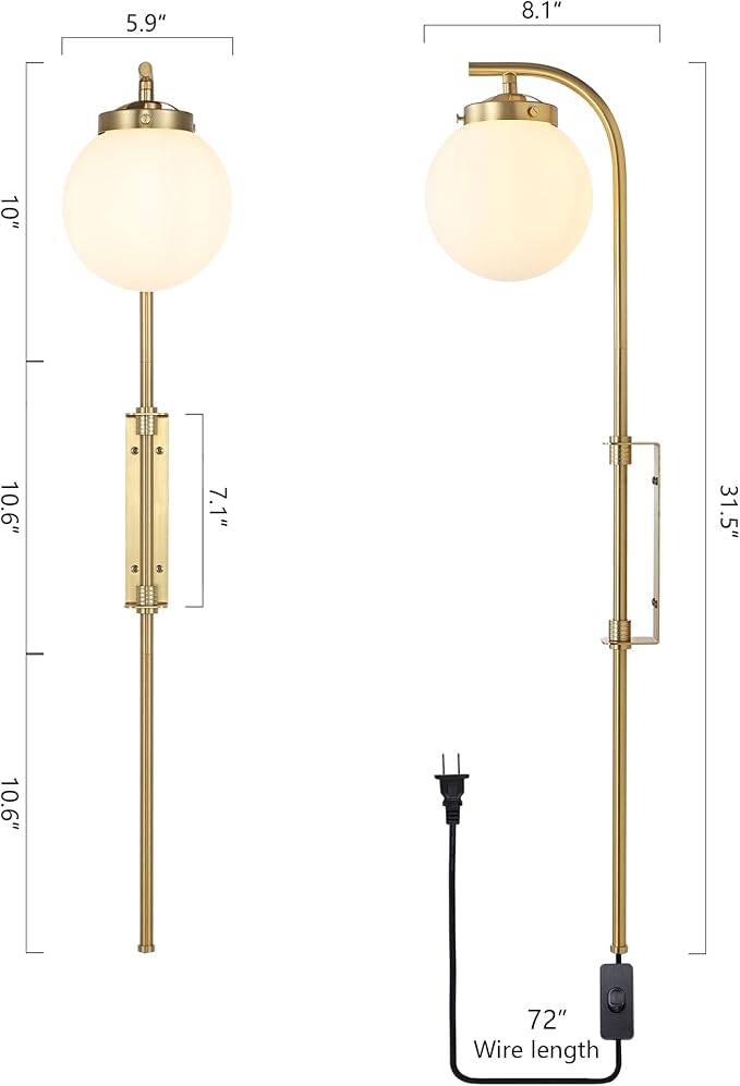 ELEHINSER Gold Wall Sconces Set of 2 with Globe Shade, Modern Indoor Plug in Wall Lamps with Switch, Angle Adjustable Light for Bedroom Living Room Study Hallway Bedside