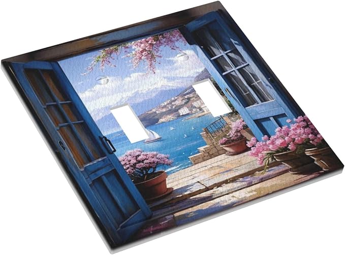 Decorative Art Light Switch Covers Seaside Window View 2 Gang Double Toggle Wall Plate Decorative Switchcover Electrical Switchplate for Home Decor