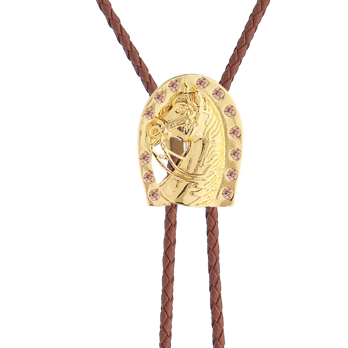 GelConnie Brown Rope Bolo Ties for Men Gold Western Cowboy Leather Necktie Women Horseshoe Bolo Tie with Brown Diamond
