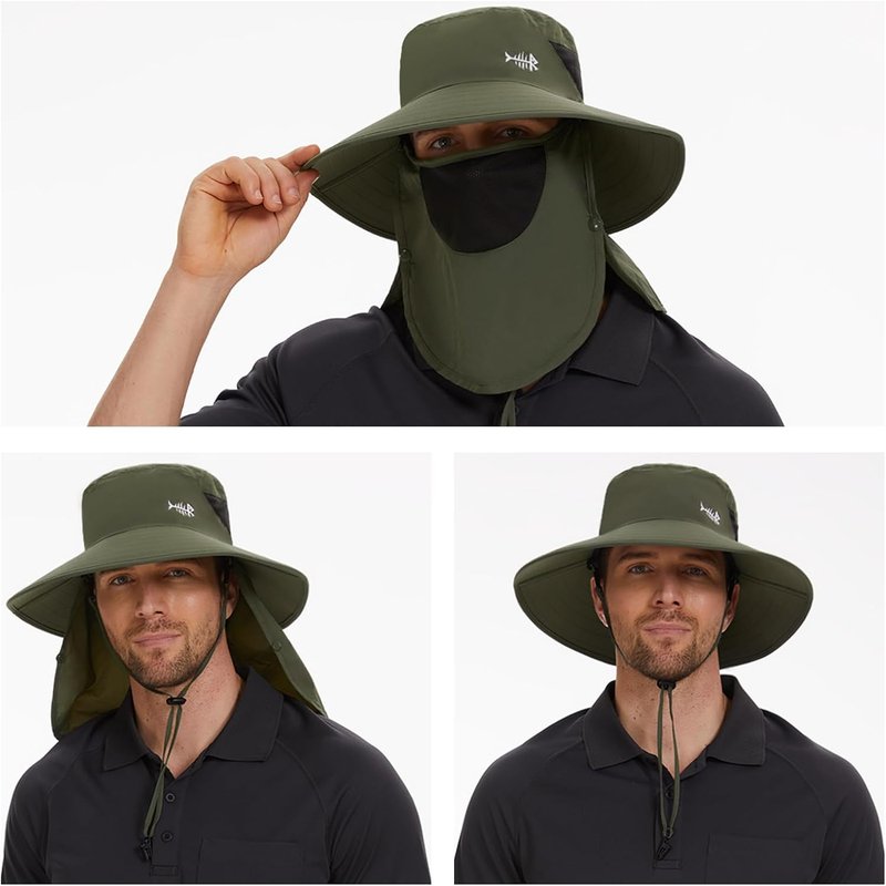 BASSDASH UPF 50+ Sun Hat - Breathable Wide Brim Bucket Hat with Removable Face Cover & Neck Flap for Fishing & Hiking