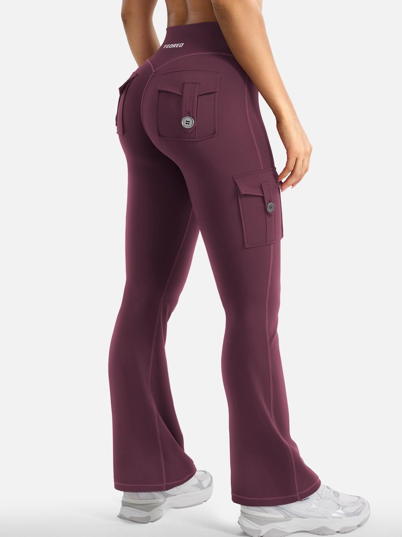 YEOREO CoreFlex Women Workout Flare Leggings with Pockets Scrunch Cargo Gym Yoga Leggings Black Cherry L