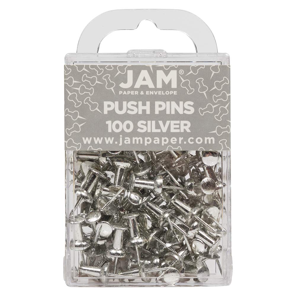 JAM PAPER Colorful Push Pins - Silver Pushpins - 100/Pack
