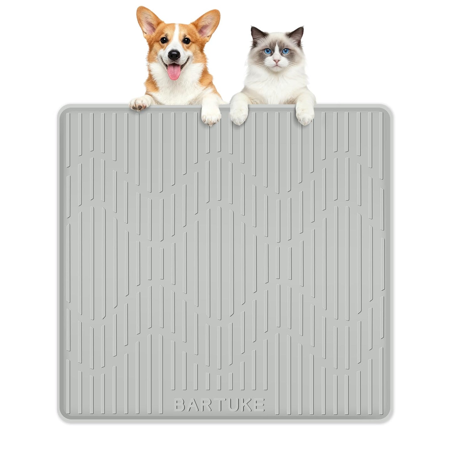 Bartuke Silicone Cat & Dog Food Mat, 24" x 24" Large Pet Feeding Mat for Cats and Dogs Bowl, Pet Placemat for Food and Water with Raised Edge, Waterproof, Leakproof (Grey)