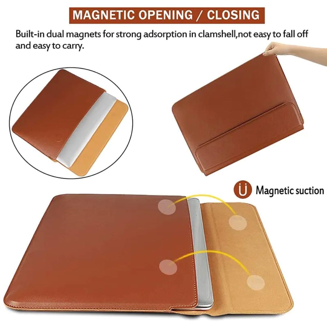 Brown Premium Laptop Sleeve 14-15.6 Inch ONLY MacBook Pro Air 15 Dell XPS HP Envy Lenovo ThinkPad Surface Waterproof PU Leather Stand Mouse Pad Business, Not for 11-13”
