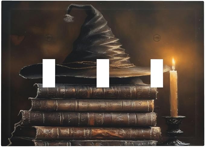 Decorative Art Light Switch Covers Wizard’s Hat & Spellbooks 3 Gang Triple Toggle Wall Plate Decorative Switch plate Electrical Faceplate for Home Decor