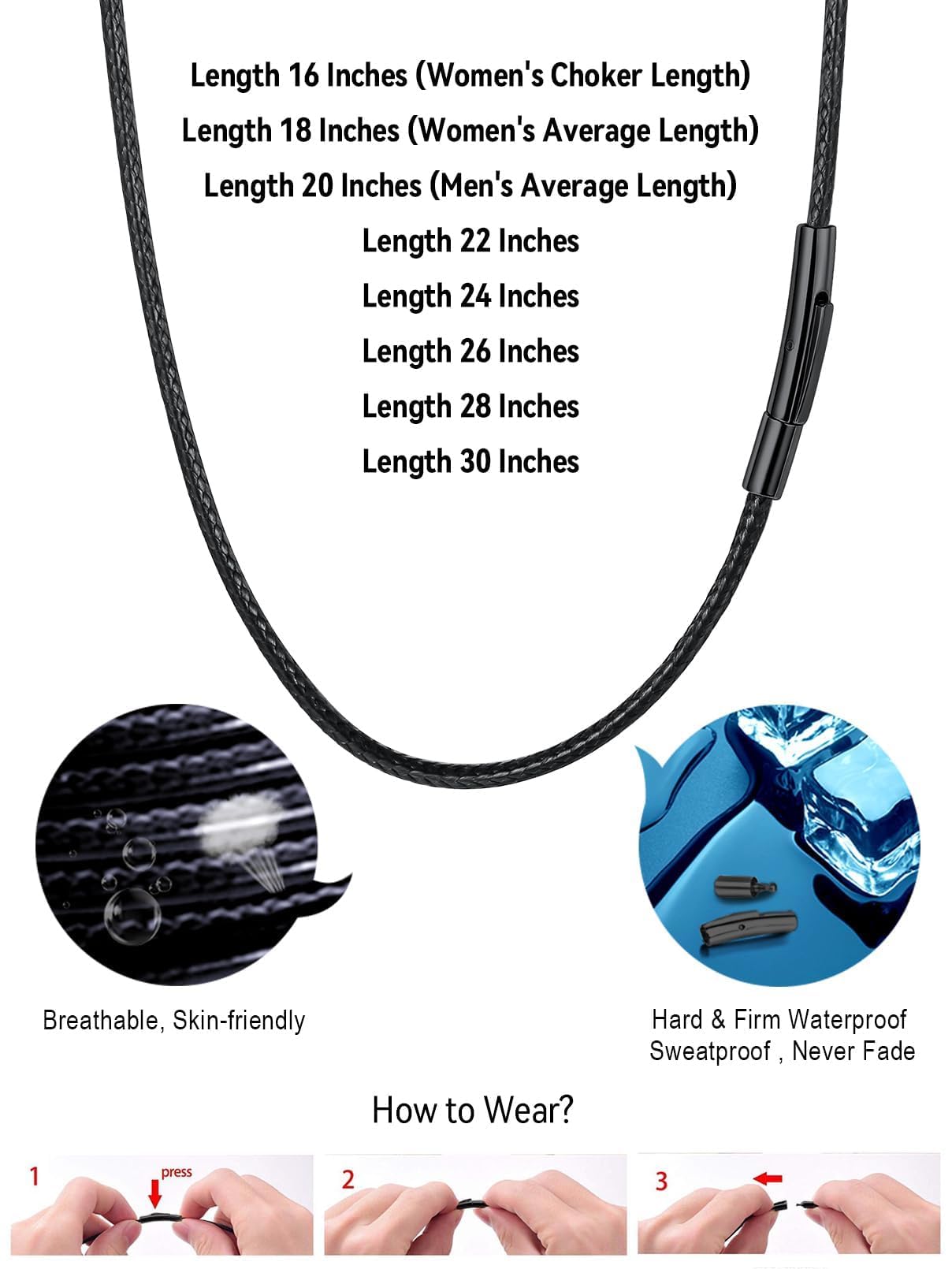 FaithHeart Waterproof Braided Leather Cord Chain Necklace Mens Wax Rope Chains for Pendant with Stainless Steel Clasp