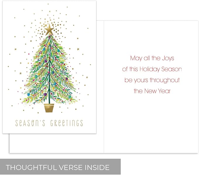 Masterpiece Sparkle Tree Christmas Cards / 16 Boxed Holiday Cards With Gold Foil Accents And Coordinating Gold Foil Lined Envelopes / 5 5/8" x 7 7/8" Folded Winter Greeting Cards With Inside Verse
