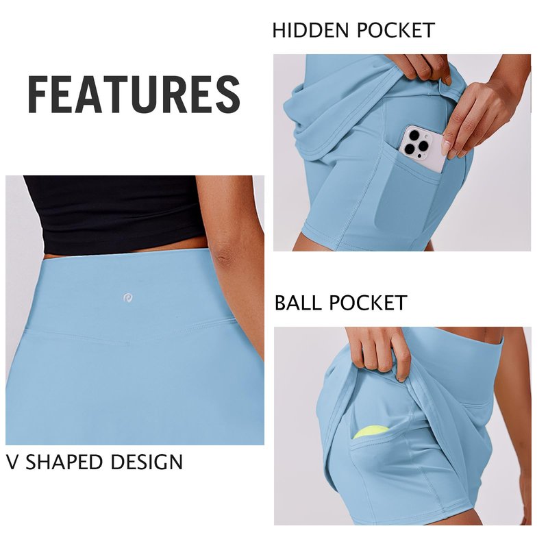 PINSPARK Womens Athletic Skirt High Waisted Mini Tennis Skorts with Pockets Solid Running Skirt Golf Workout Skater, Light Blue Large