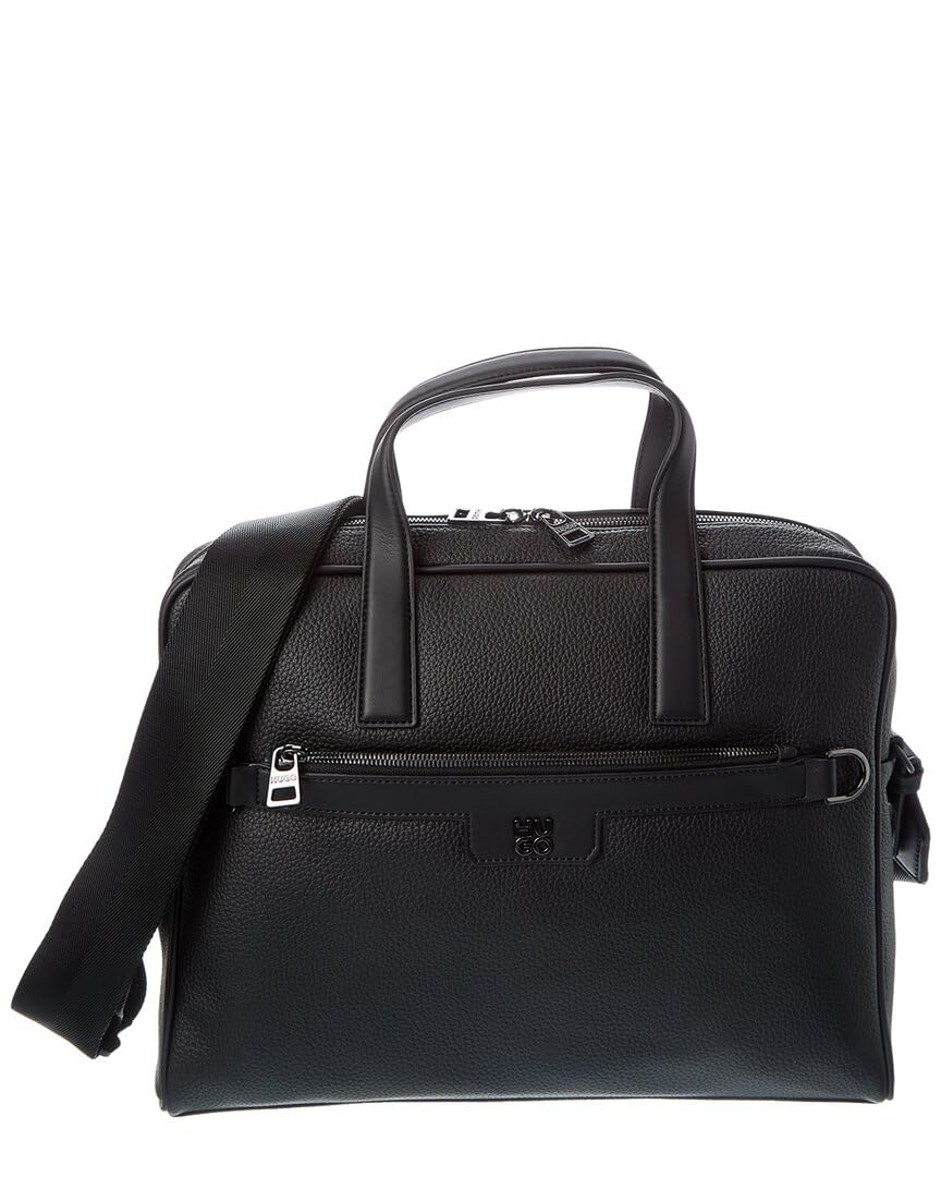 HUGO Stacked Logo Leather Briefcase, Black Currant, PCE.