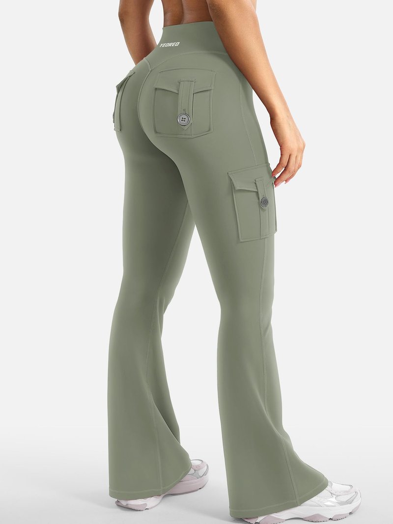 YEOREO CoreFlex Women Workout Flare Leggings with Pockets Hidden Scrunch High Waisted Cargo Gym Yoga Leggings Light Army Green XXL